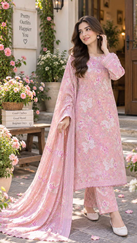 BUTTERFLY PINK PRINTED & EMBROIDERED 3-PC SUIT