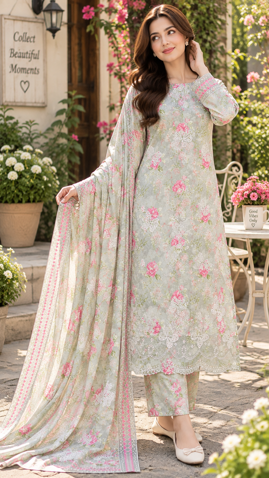BUTTERFLY BLISS PRINTED & EMBROIDERED 3-PC SUIT