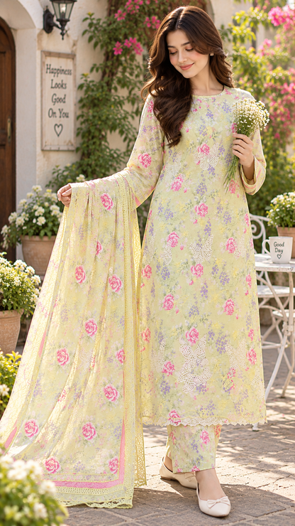BUTTERFLY BLOOM PRINTED & EMBROIDERED 3-PC SUIT