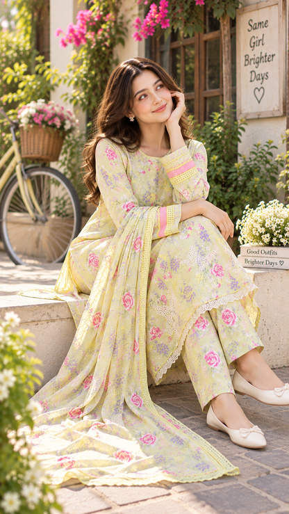 BUTTERFLY BLOOM PRINTED & EMBROIDERED 3-PC SUIT