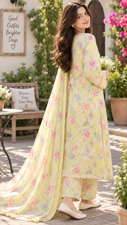 BUTTERFLY BLOOM PRINTED & EMBROIDERED 3-PC SUIT