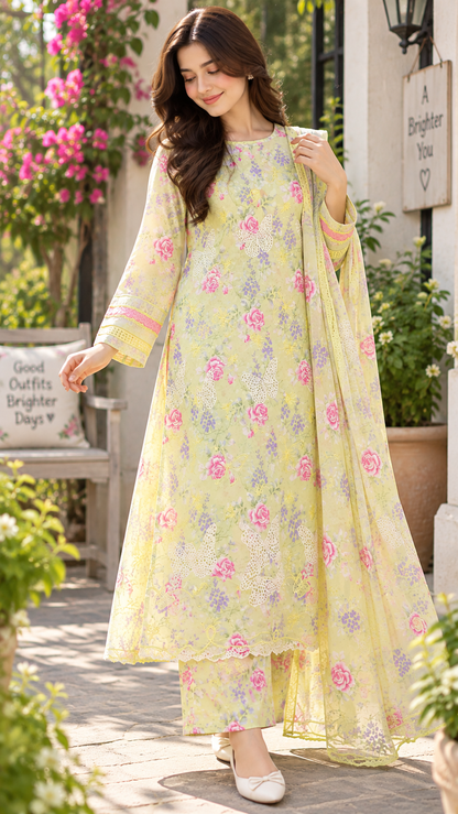 BUTTERFLY BLOOM PRINTED & EMBROIDERED 3-PC SUIT
