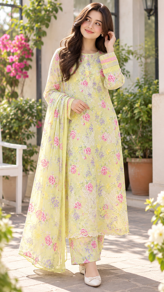 BUTTERFLY BLOOM PRINTED & EMBROIDERED 3-PC SUIT