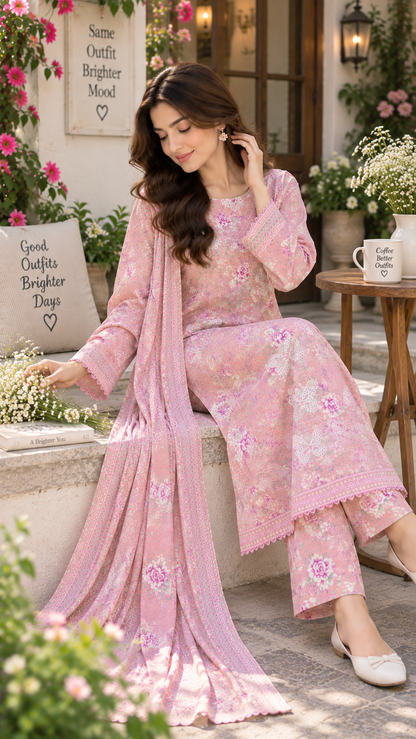 BUTTERFLY PINK PRINTED & EMBROIDERED 3-PC SUIT