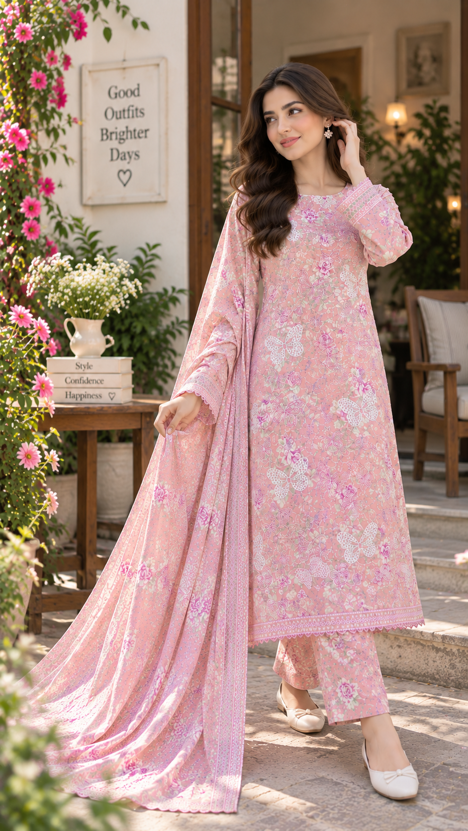 BUTTERFLY PINK PRINTED & EMBROIDERED 3-PC SUIT