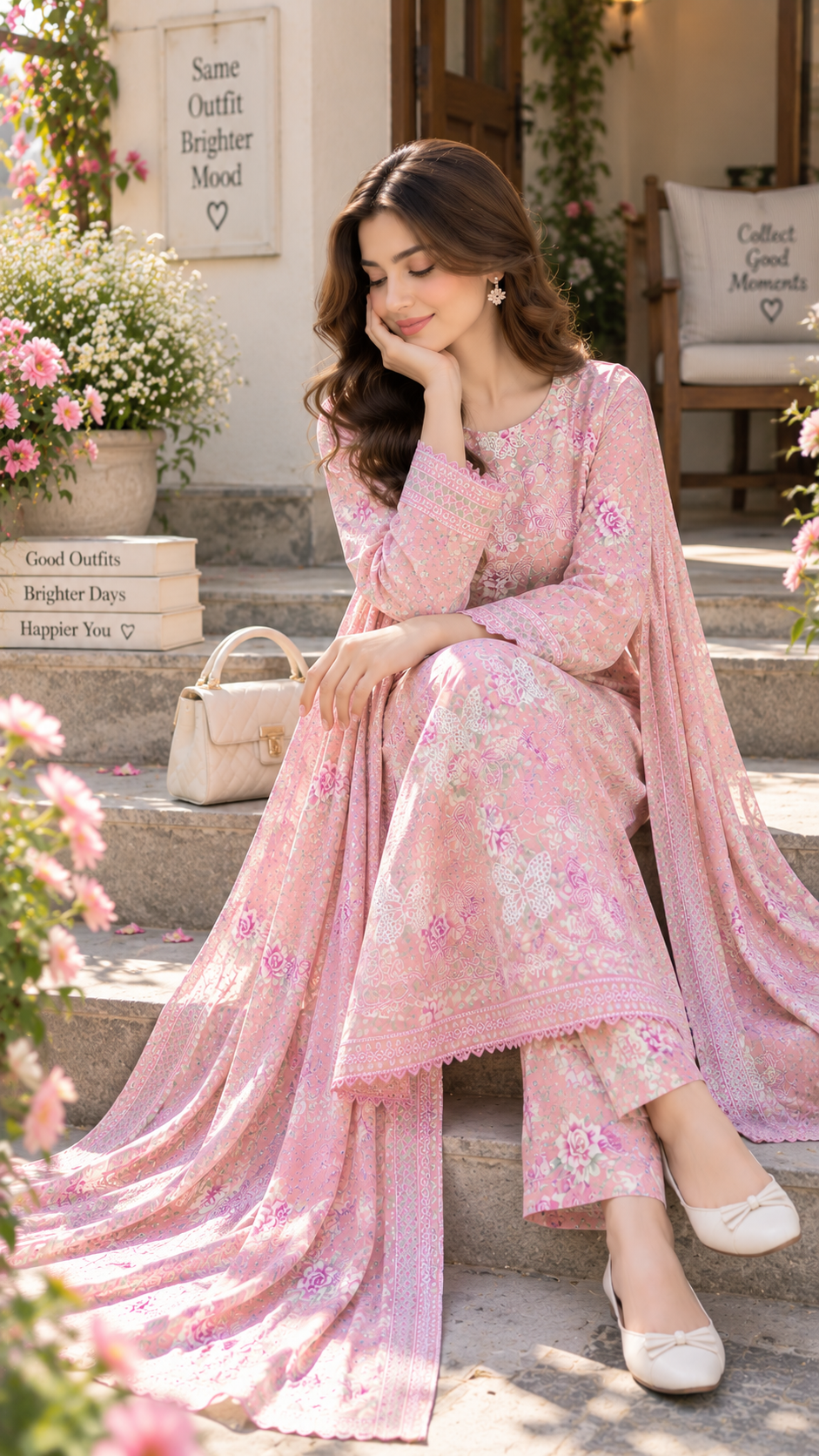 BUTTERFLY PINK PRINTED & EMBROIDERED 3-PC SUIT