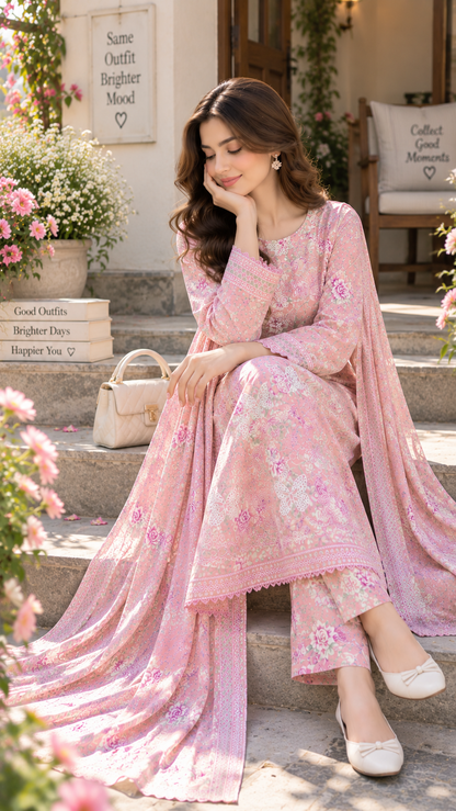 BUTTERFLY PINK PRINTED & EMBROIDERED 3-PC SUIT