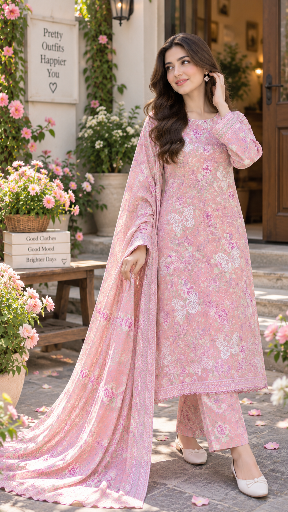 BUTTERFLY PINK PRINTED & EMBROIDERED 3-PC SUIT