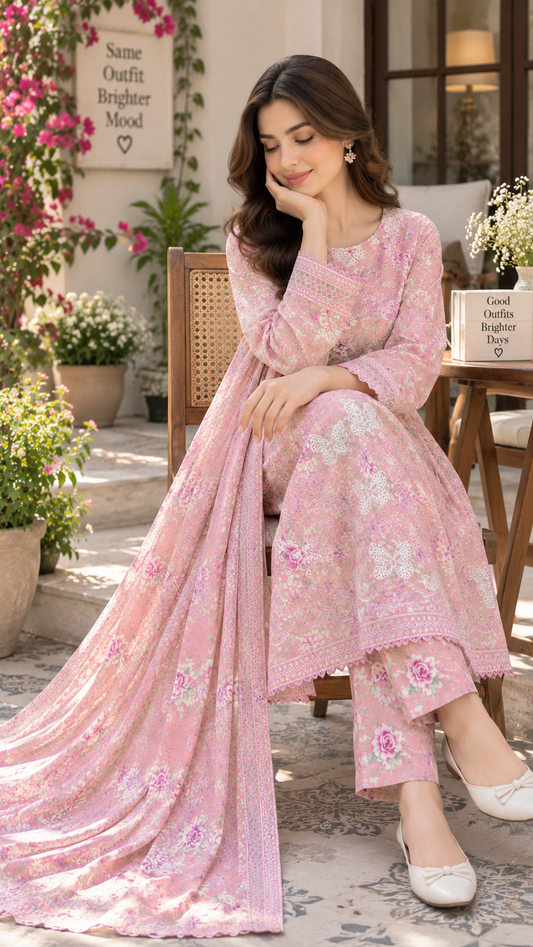 BUTTERFLY PINK PRINTED & EMBROIDERED 3-PC SUIT